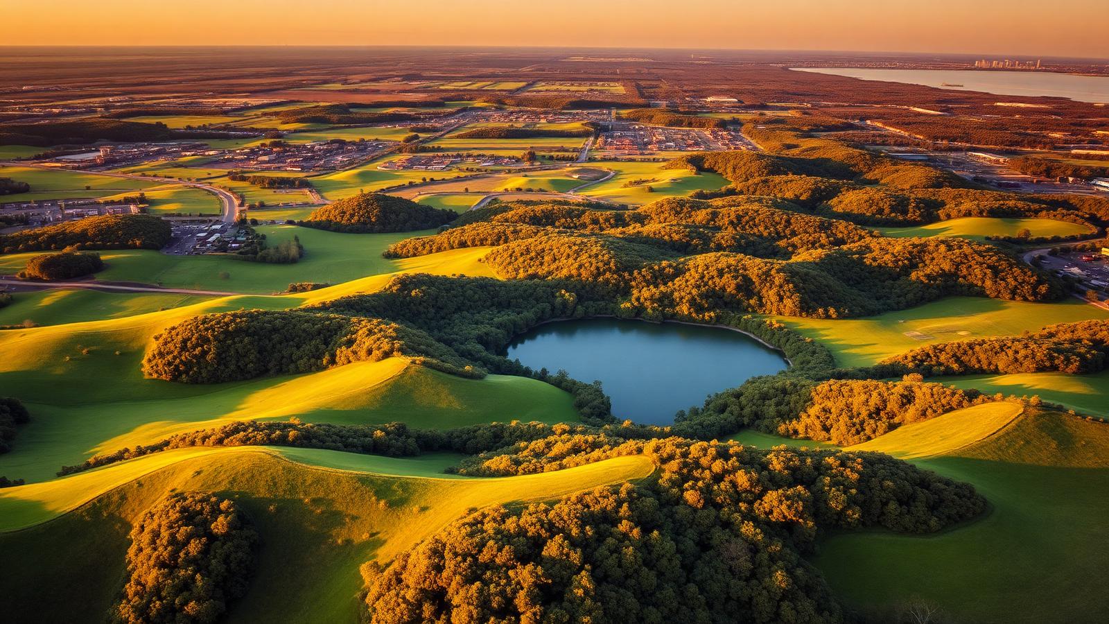 Aerial view of the rolling Southern Ontario countryside and lakeshore at golden hour
